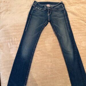 True Religion Women Straight Leg Jeans w/ Swarovski Crystal blue buttons size 26